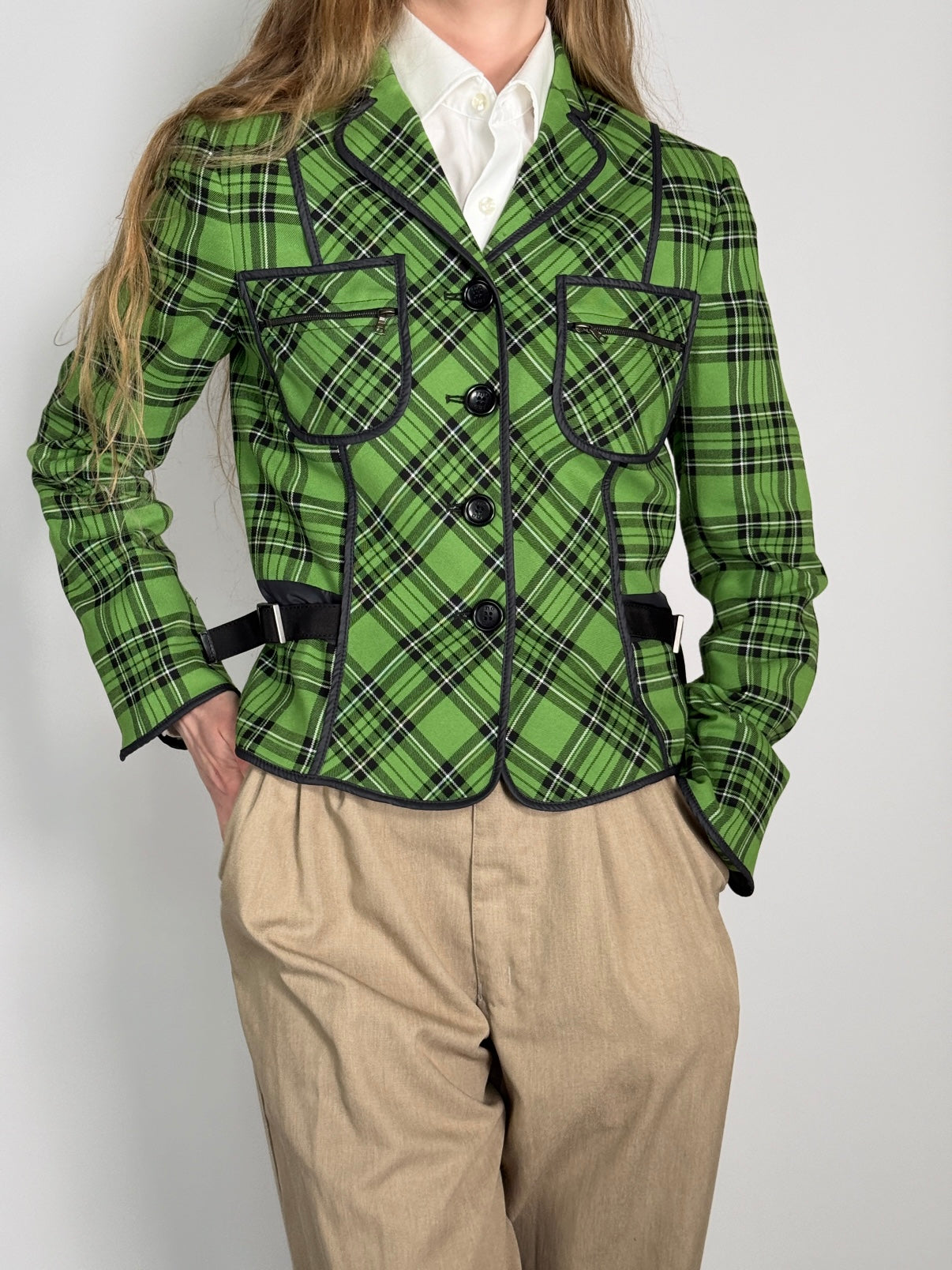 Green Tartan Blazer with Belt Details str. 38