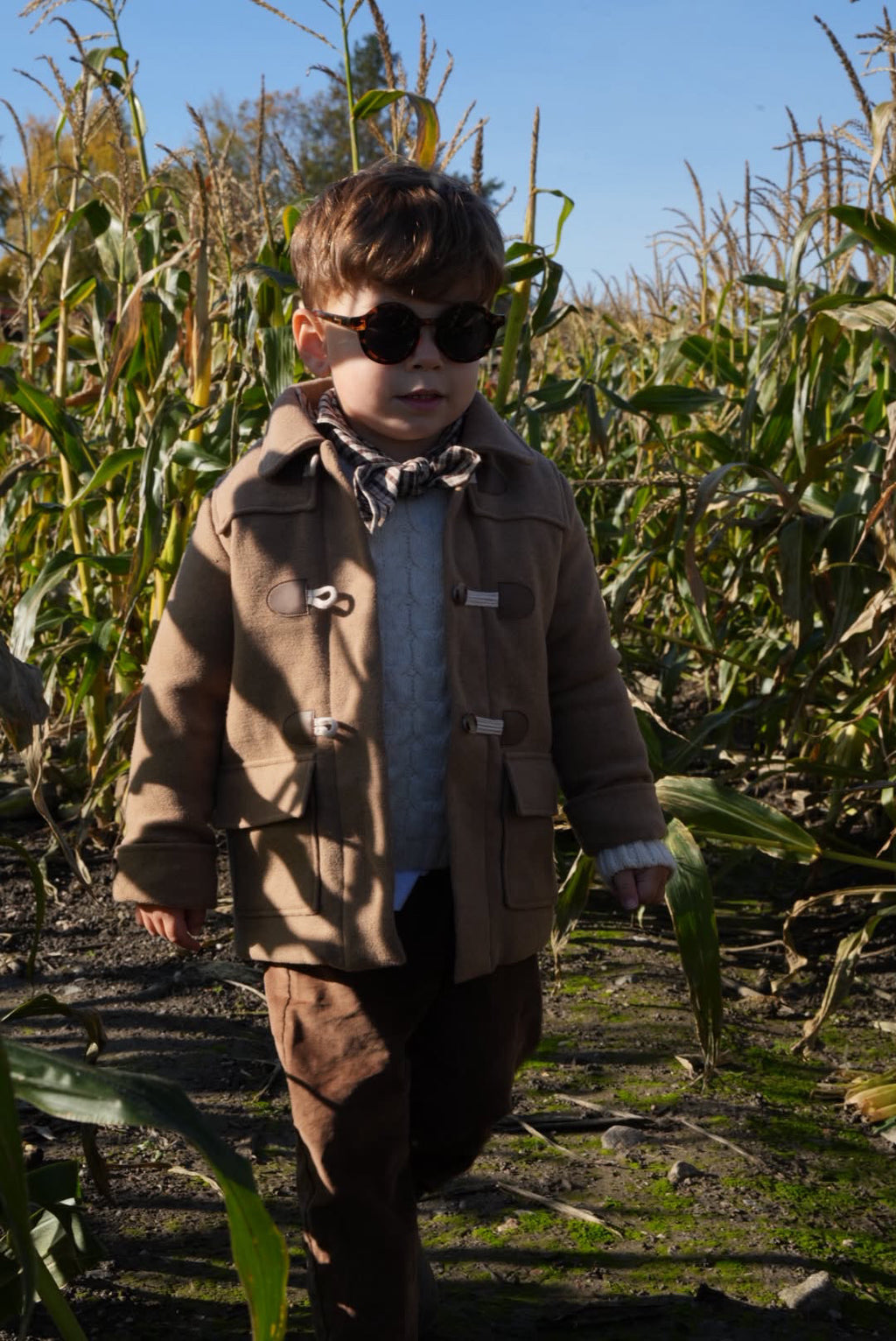 Child in a cornfield wearing a Cortado scarf in brown and beige check