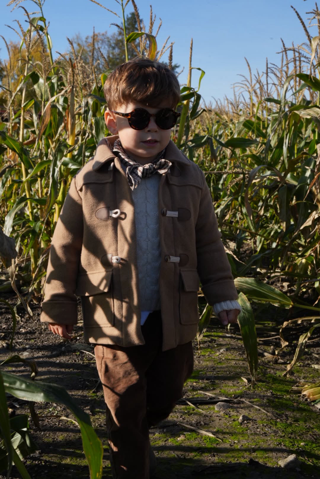 Child in a cornfield wearing a Cortado scarf in brown and beige check