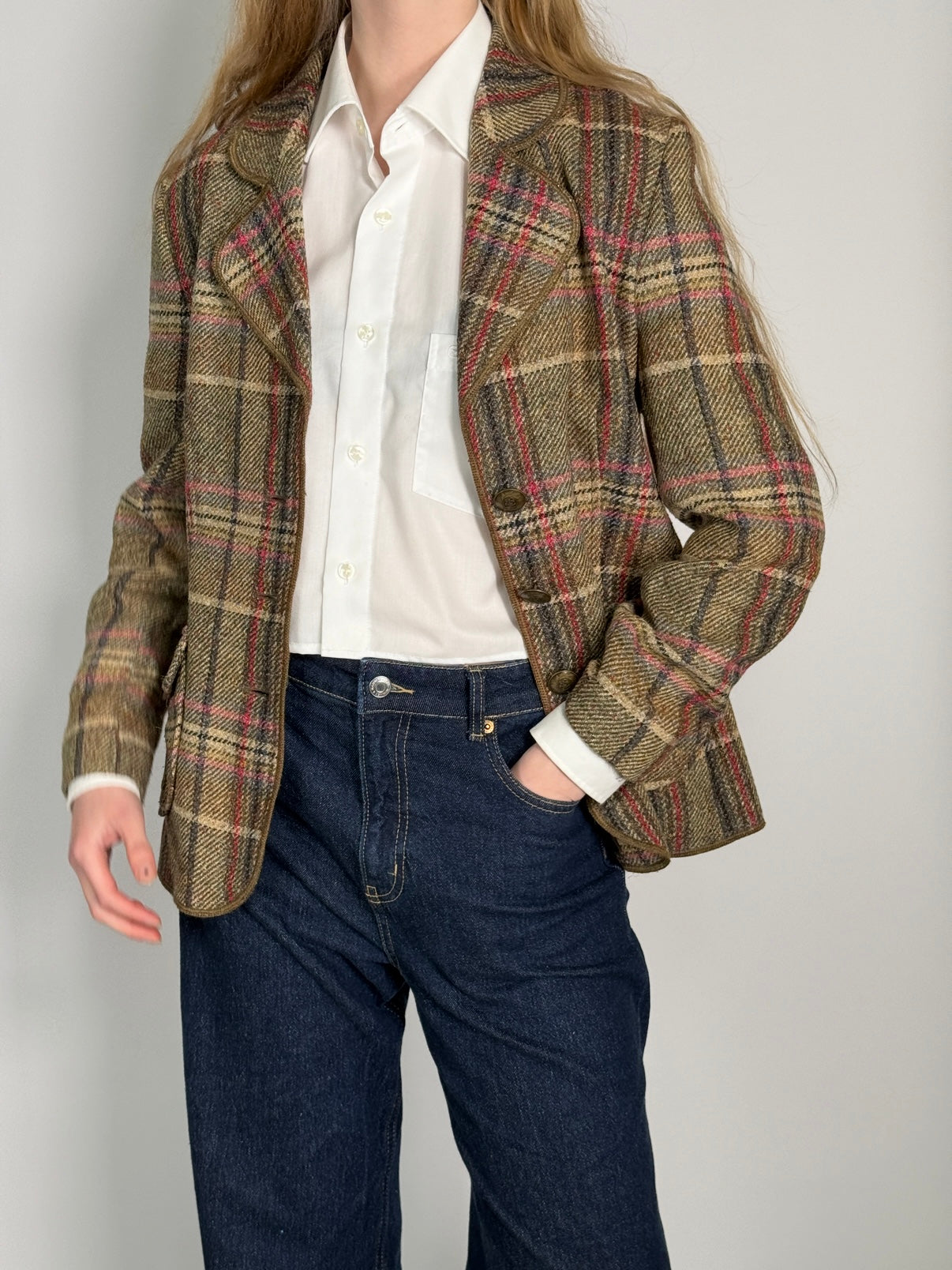 Wool & Silk Blend Tartan Blazer str. 38