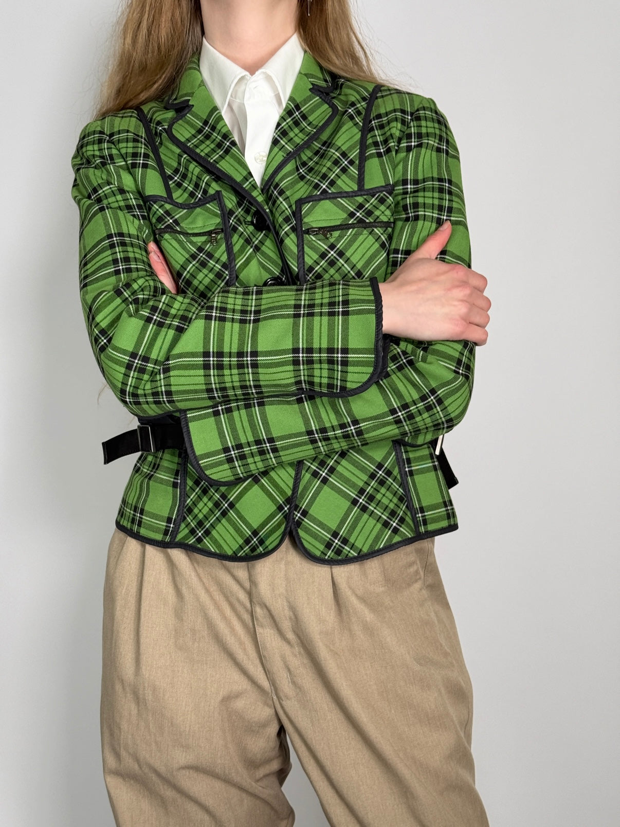 Green Tartan Blazer with Belt Details str. 38