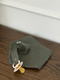 Pine bib in green check cotton with a Pine dummy clip and dummy on a wooden table