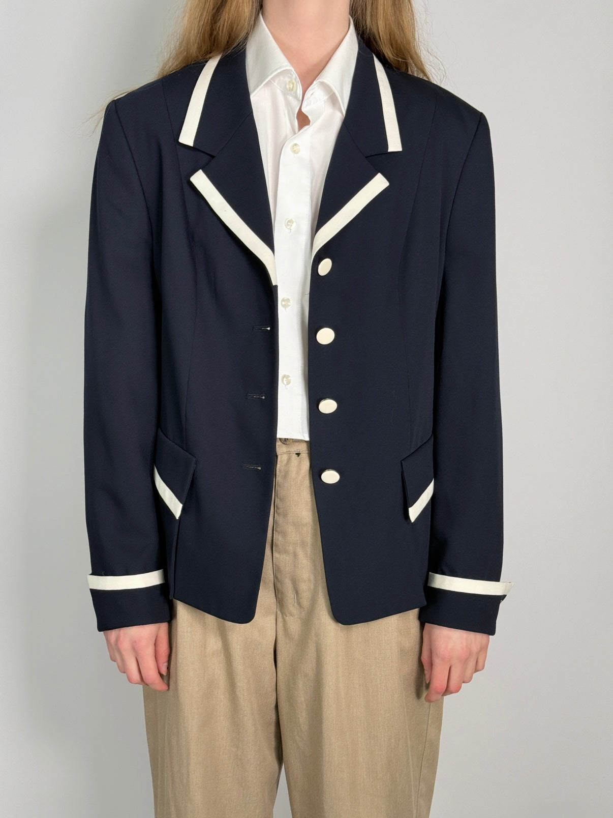 White Piping Details Navy Blazer str. 40