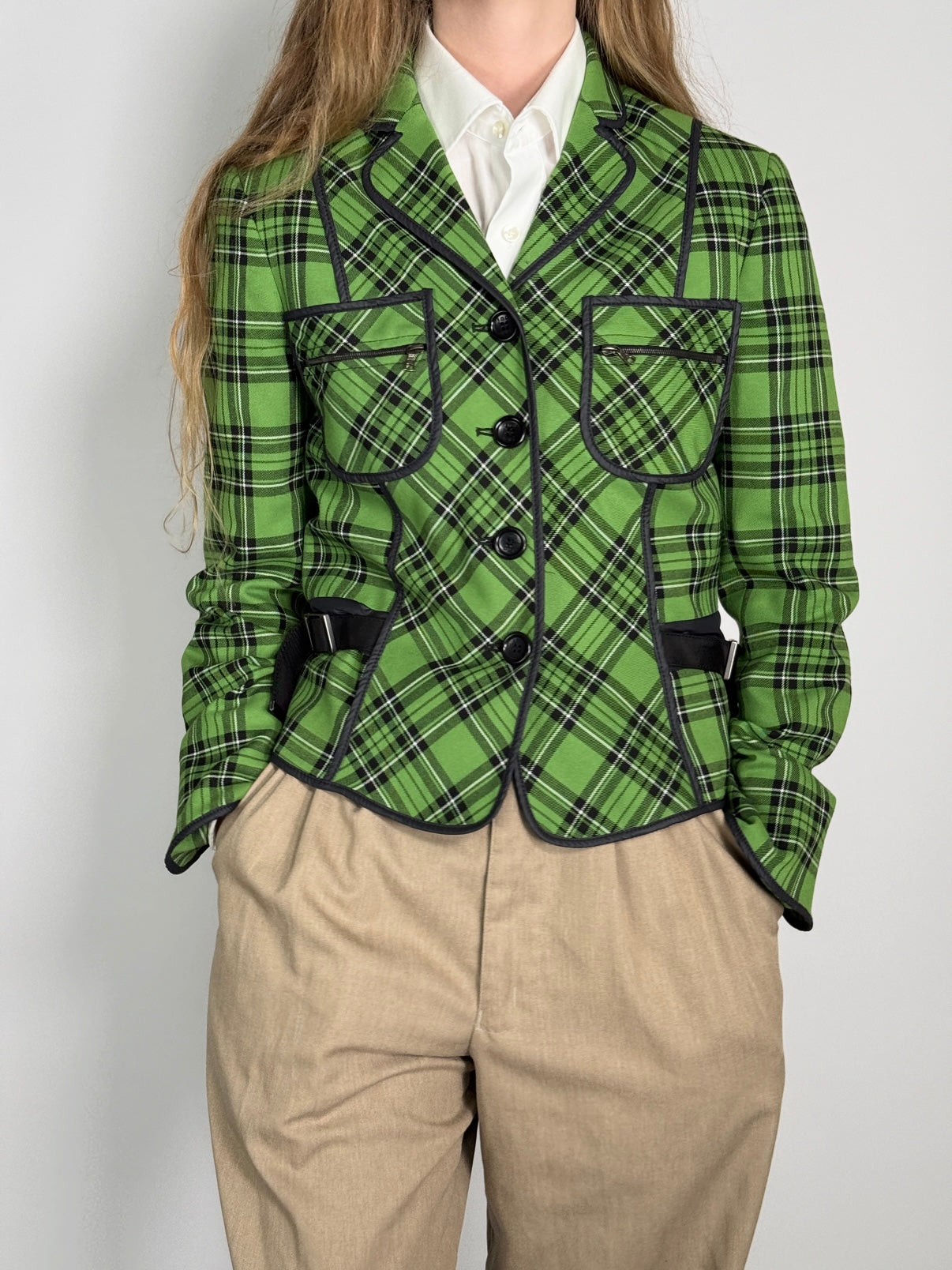 Green Tartan Blazer with Belt Details str. 38
