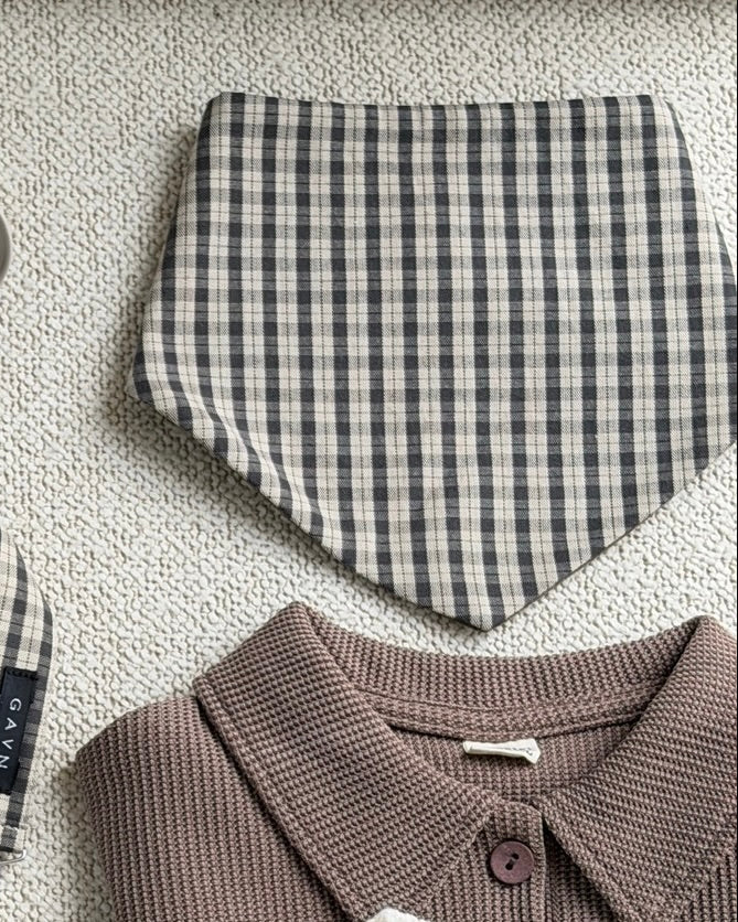 Mocca bib in brown check cotton on a brown polo shirt